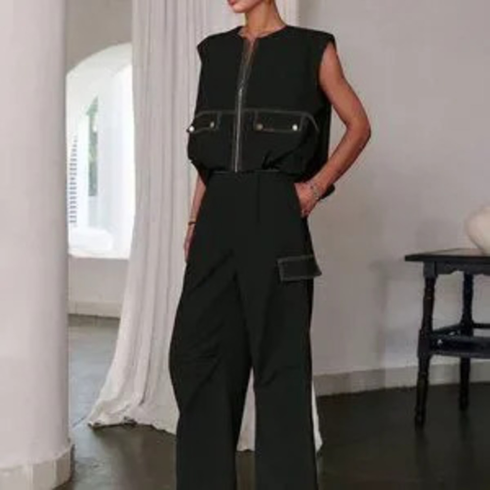 Black Casual Women's Zipper Sleeveless Top & Long Pants coord set - Picture 3 of 5